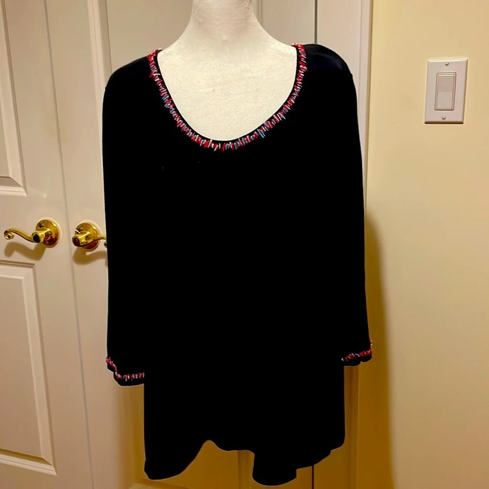 Salon Z Black Knit Top with Turquoise and Coral Beading. Size 2X